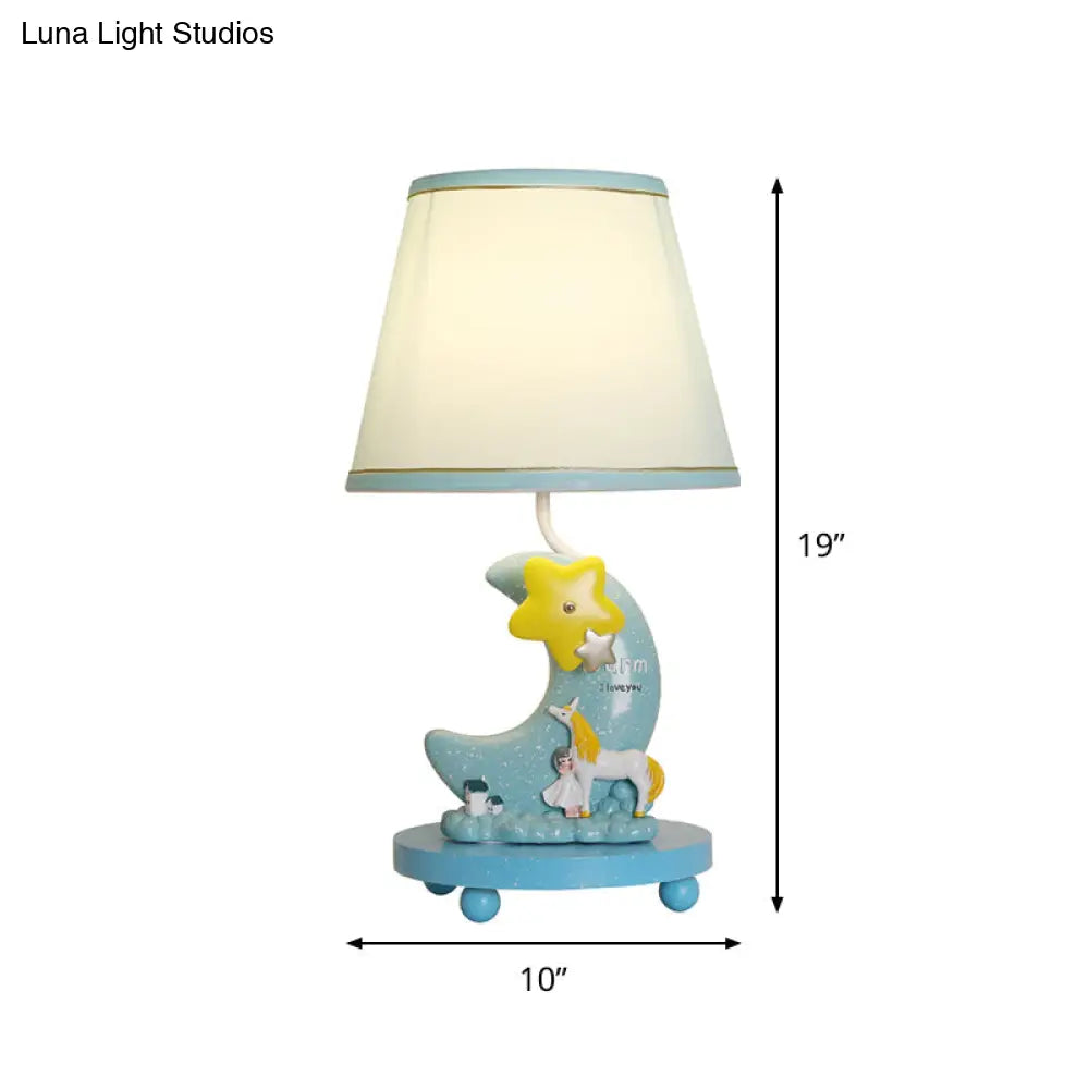 Blue Fabric Cone Night Table Lamp With Cartoon Design - Moon And Star Base