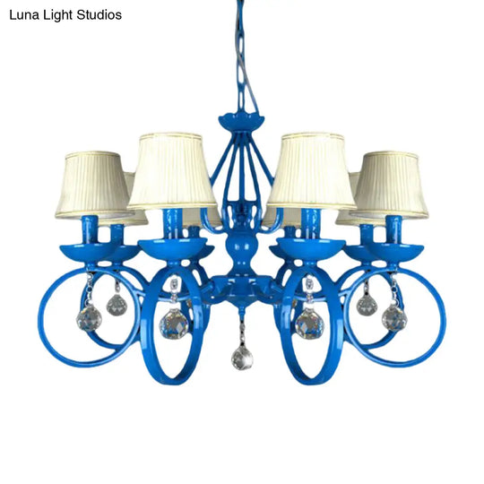 Blue Fabric Cone Pendant Lamp: Classic Chandelier Light Fixture With Crystal Draping Ideal For