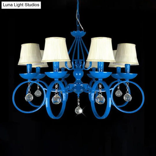 Blue Fabric Cone Pendant Lamp: Classic Chandelier Light Fixture With Crystal Draping Ideal For