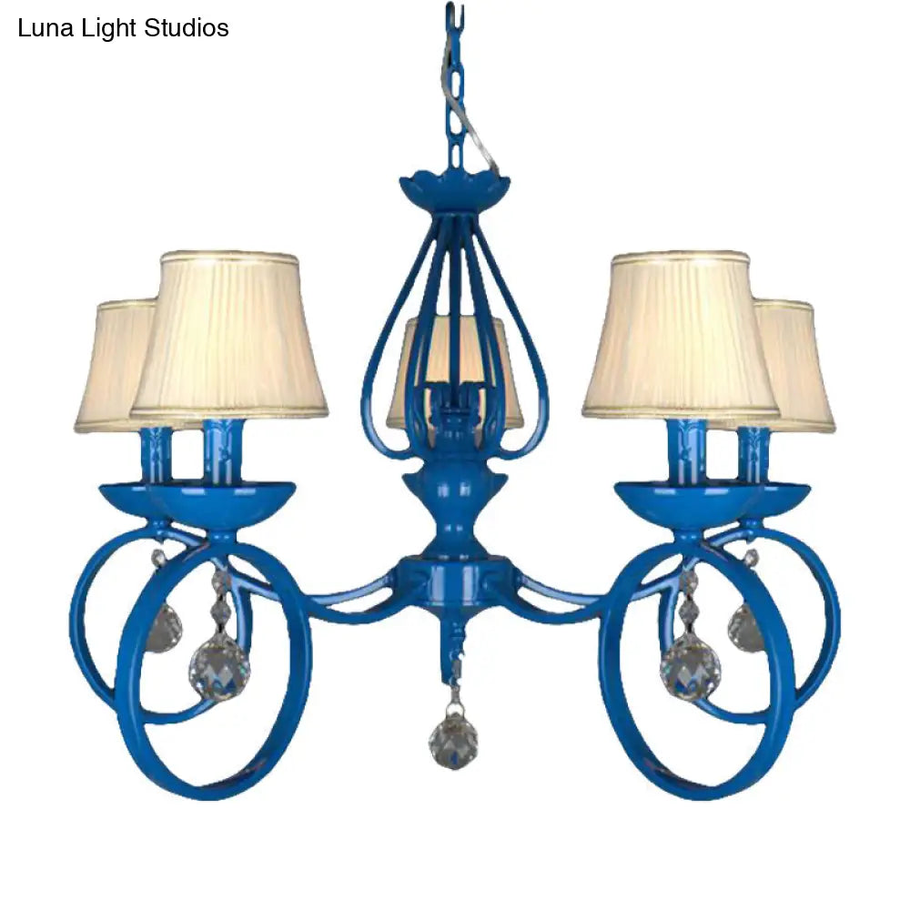 Blue Fabric Cone Pendant Lamp: Classic Chandelier Light Fixture With Crystal Draping Ideal For