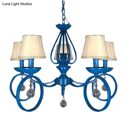 Blue Fabric Cone Pendant Lamp: Classic Chandelier Light Fixture With Crystal Draping Ideal For