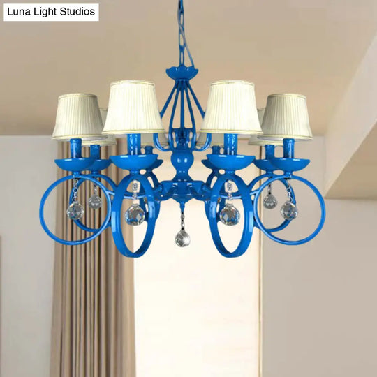 Blue Fabric Cone Pendant Lamp: Classic Chandelier Light Fixture With Crystal Draping Ideal For