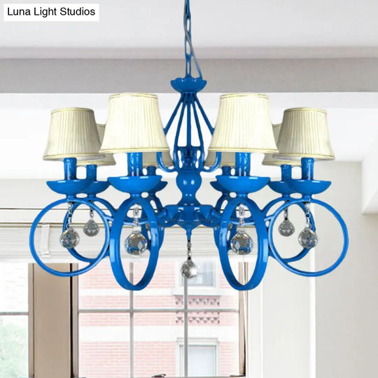 Blue Fabric Cone Pendant Lamp: Classic Chandelier Light Fixture With Crystal Draping Ideal For