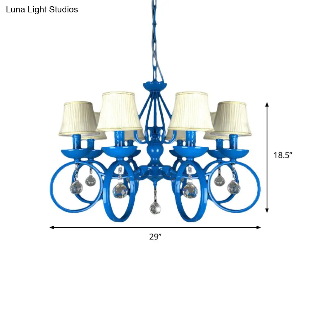 Blue Fabric Cone Pendant Lamp: Classic Chandelier Light Fixture With Crystal Draping Ideal For