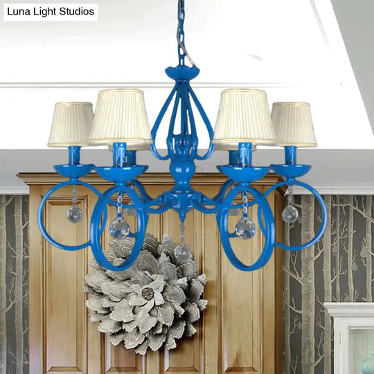 Blue Fabric Cone Pendant Lamp: Classic Chandelier Light Fixture With Crystal Draping Ideal For