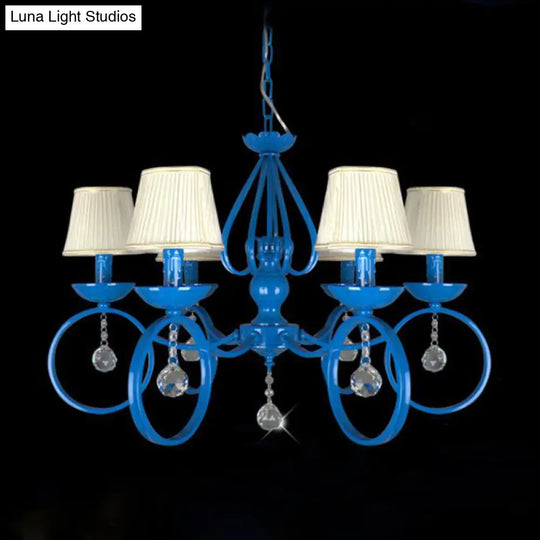 Blue Fabric Cone Pendant Lamp: Classic Chandelier Light Fixture With Crystal Draping Ideal For