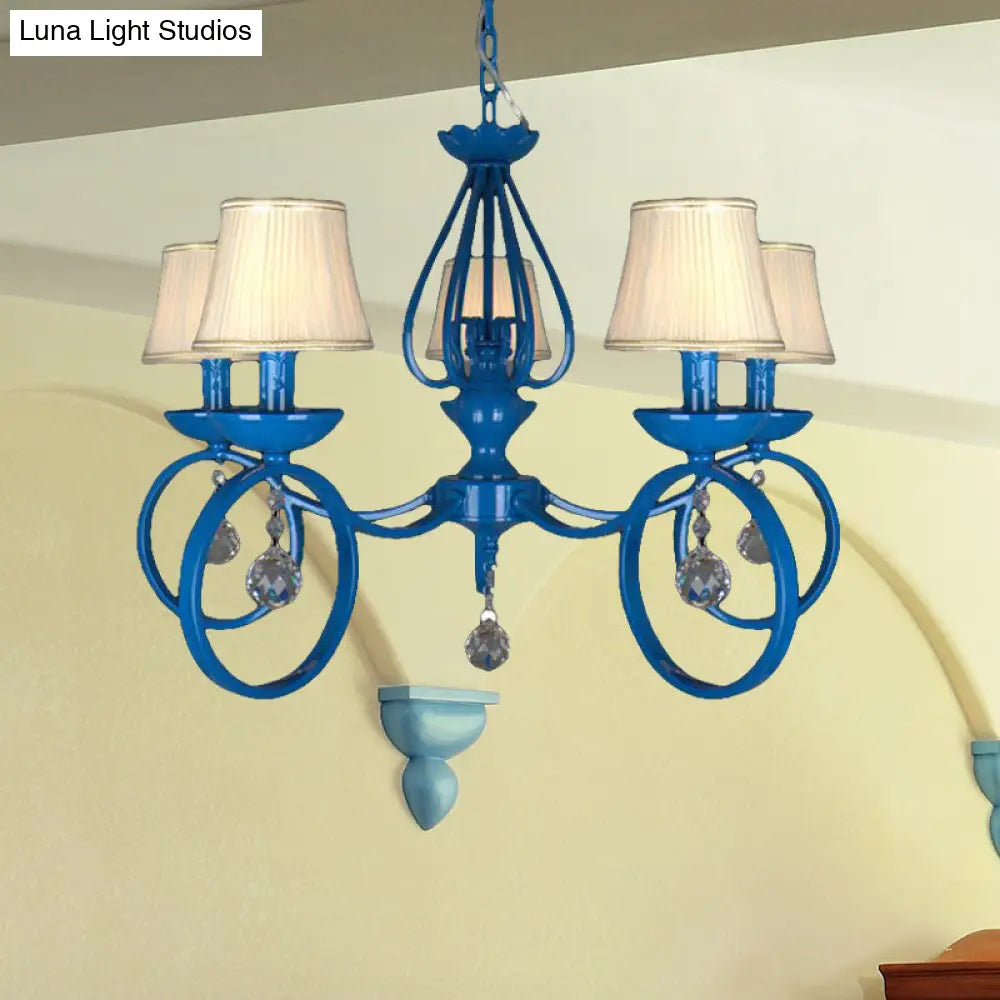 Blue Fabric Cone Pendant Lamp: Classic Chandelier Light Fixture With Crystal Draping Ideal For