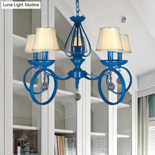 Blue Fabric Cone Pendant Lamp: Classic Chandelier Light Fixture With Crystal Draping Ideal For