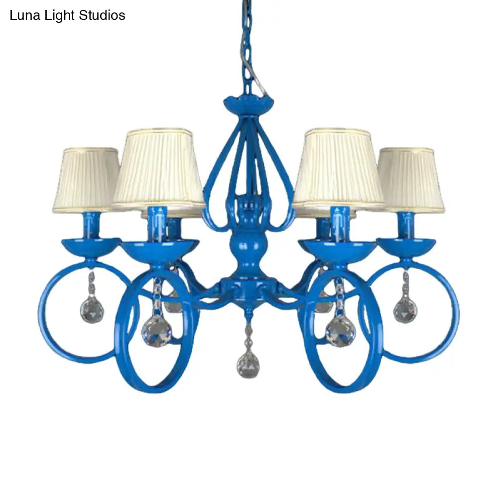 Blue Fabric Cone Pendant Lamp: Classic Chandelier Light Fixture With Crystal Draping Ideal For