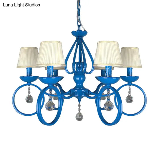 Blue Fabric Cone Pendant Lamp: Classic Chandelier Light Fixture With Crystal Draping Ideal For