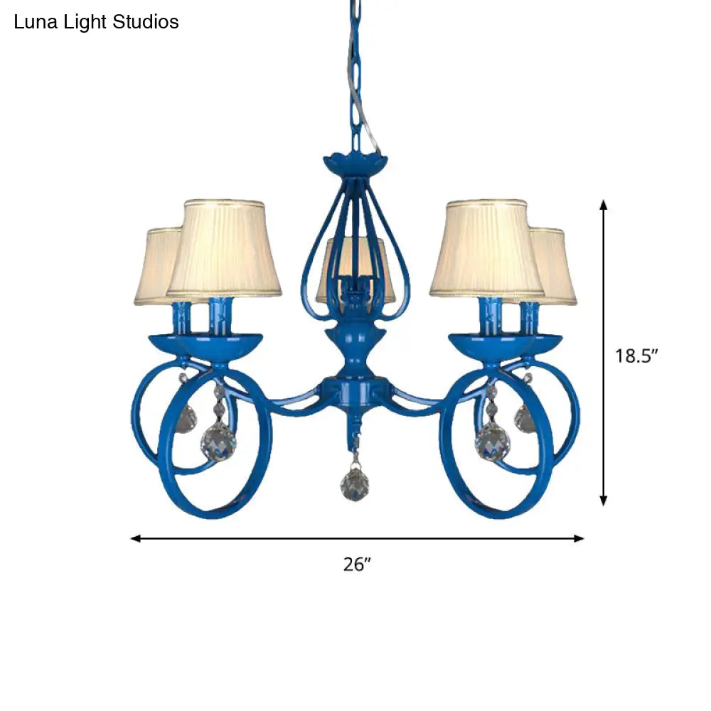 Blue Fabric Cone Pendant Lamp: Classic Chandelier Light Fixture With Crystal Draping Ideal For