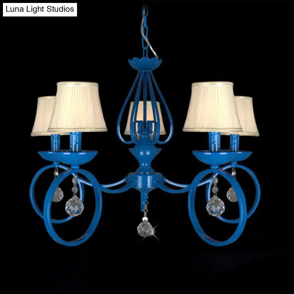 Blue Fabric Cone Pendant Lamp: Classic Chandelier Light Fixture With Crystal Draping Ideal For