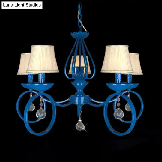 Blue Fabric Cone Pendant Lamp: Classic Chandelier Light Fixture With Crystal Draping Ideal For