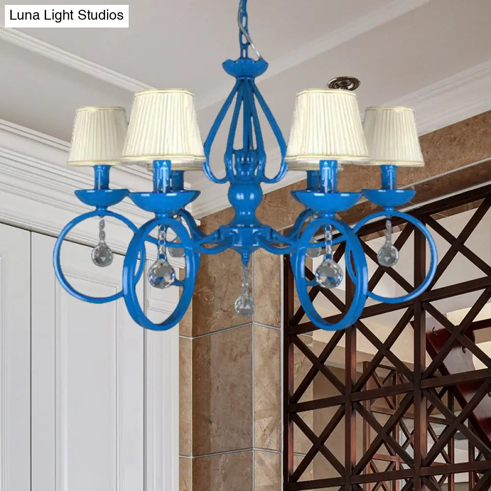 Blue Fabric Cone Pendant Lamp: Classic Chandelier Light Fixture With Crystal Draping Ideal For