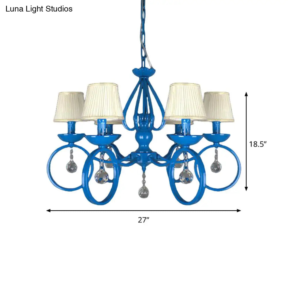 Blue Fabric Cone Pendant Lamp: Classic Chandelier Light Fixture With Crystal Draping Ideal For