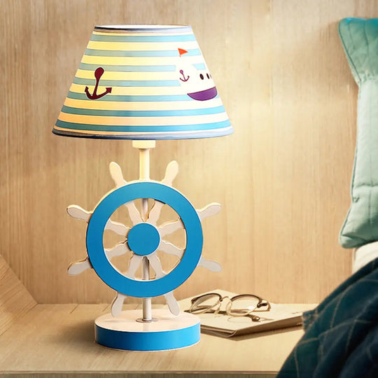 Blue Fabric Conical Study Light Kids Lamp With Rudder Base For Bedroom - Ideal Reading Book (1-Bulb)