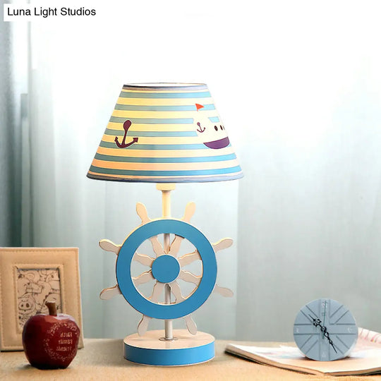 Blue Fabric Conical Study Light Kids Lamp With Rudder Base For Bedroom - Ideal Reading Book (1-Bulb)