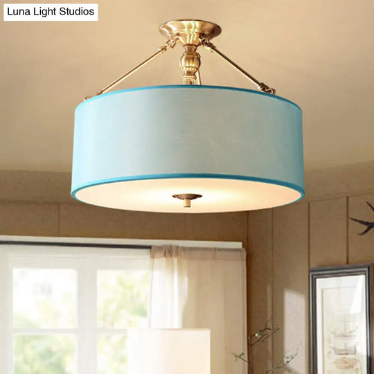 Blue Fabric Drum Semi Flush Ceiling Light With 4 Lights For Corridor