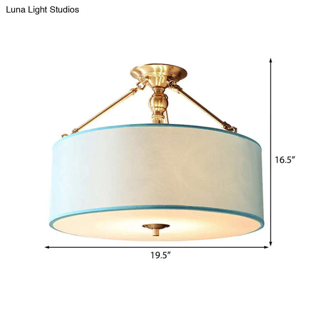 Blue Fabric Drum Semi Flush Ceiling Light With 4 Lights For Corridor