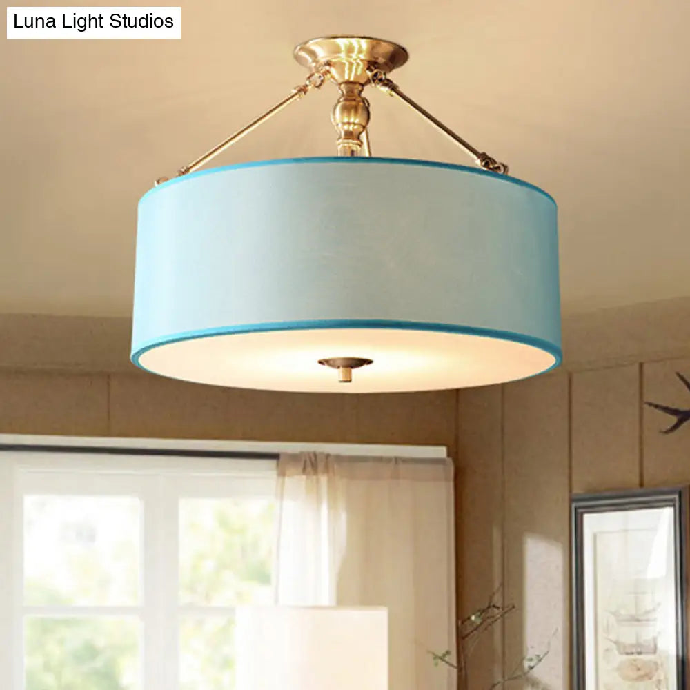 Blue Fabric Drum Semi Flush Ceiling Light With 4 Lights For Corridor