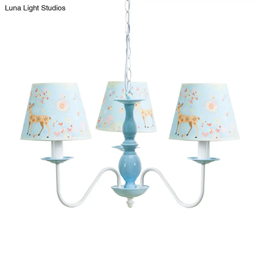 Blue Fabric Metal Chandelier: Contemporary Tapered Shade Hanging Light For Living Room