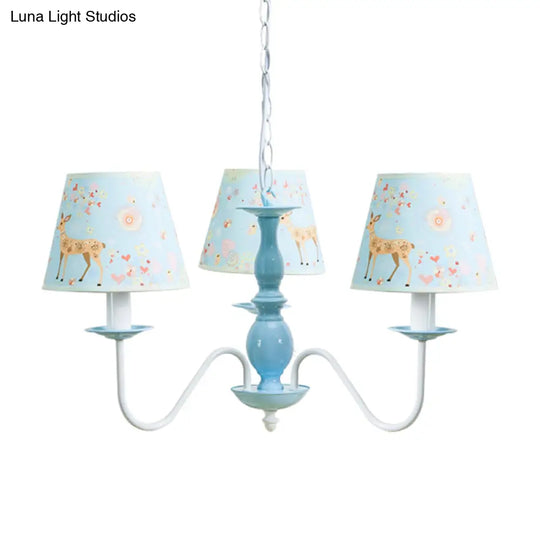 Blue Fabric Metal Chandelier: Contemporary Tapered Shade Hanging Light For Living Room