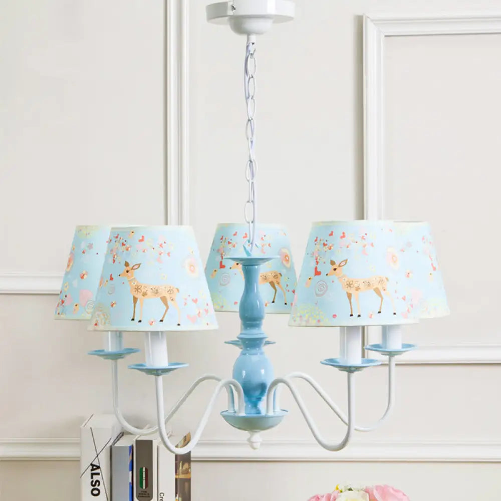 Blue Fabric Metal Chandelier: Contemporary Tapered Shade Hanging Light For Living Room 5 /