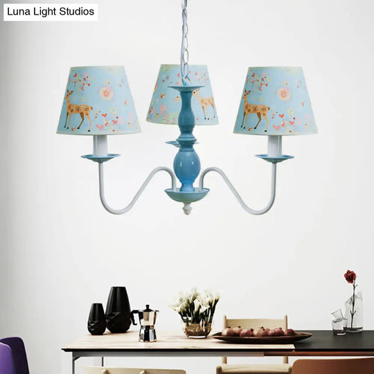 Blue Fabric Metal Chandelier: Contemporary Tapered Shade Hanging Light For Living Room