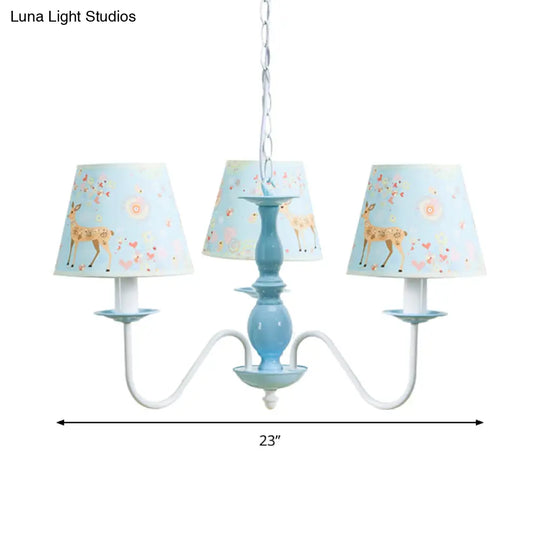 Blue Fabric Metal Chandelier: Contemporary Tapered Shade Hanging Light For Living Room