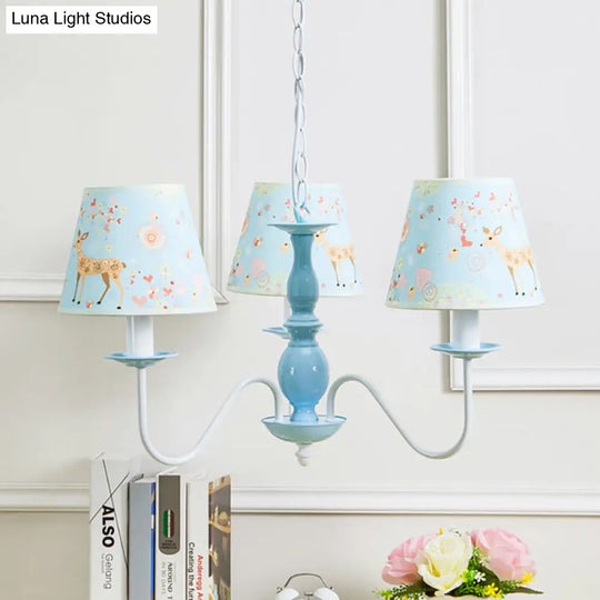 Blue Fabric Metal Chandelier: Contemporary Tapered Shade Hanging Light For Living Room