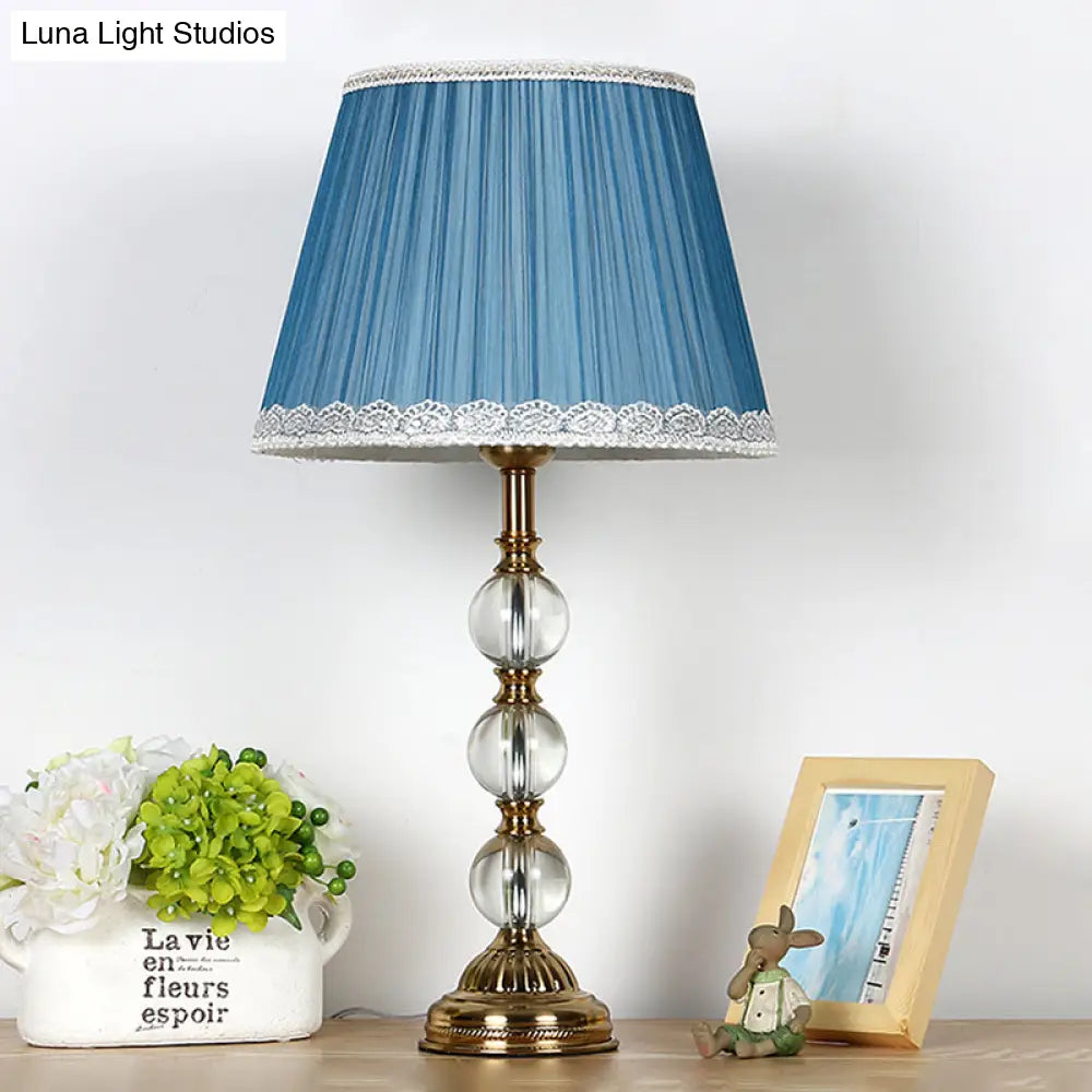 Blue Fabric Nightstand Lamp With Crystal Deco - Classic Pleated Shade For Bedroom