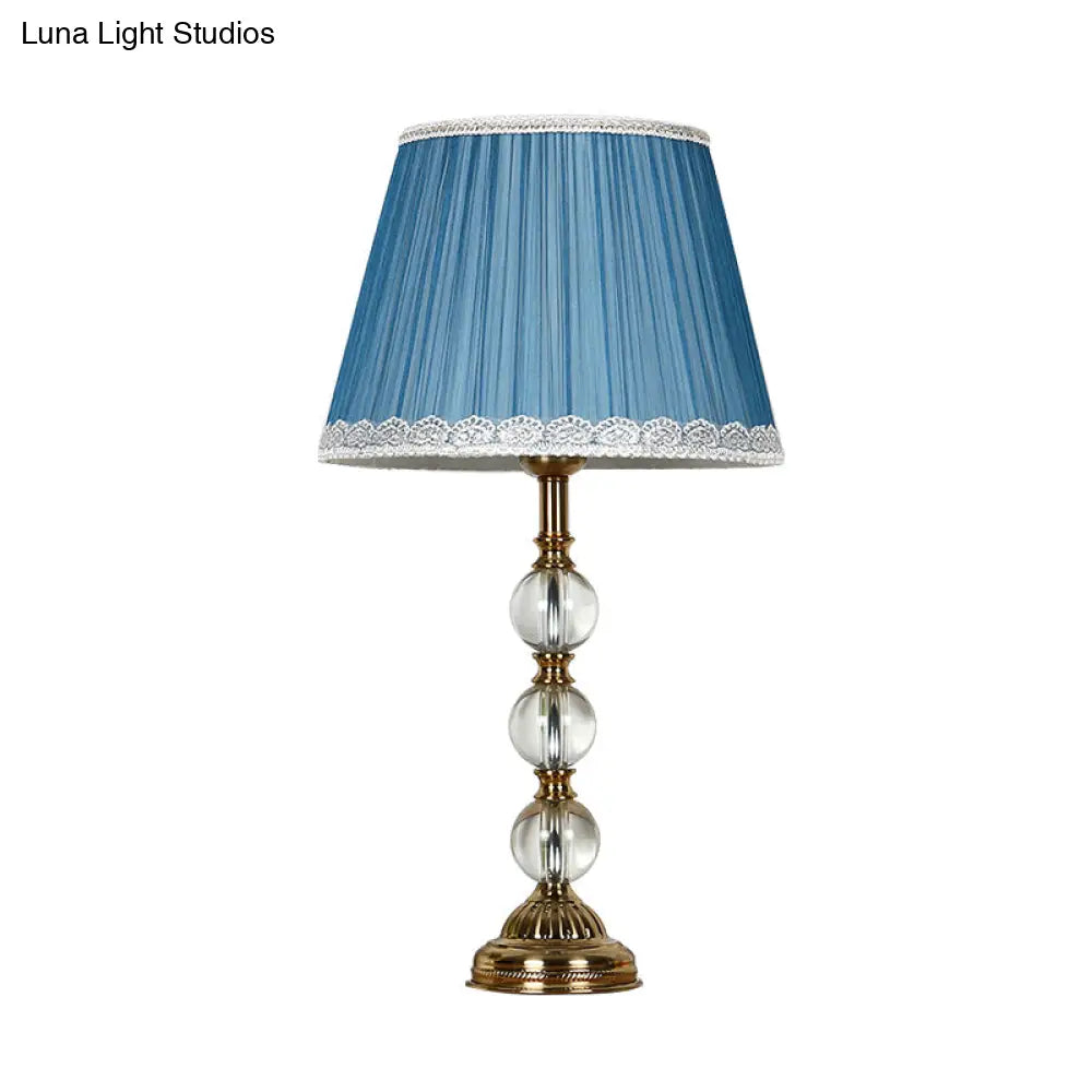 Blue Fabric Nightstand Lamp With Crystal Deco - Classic Pleated Shade For Bedroom