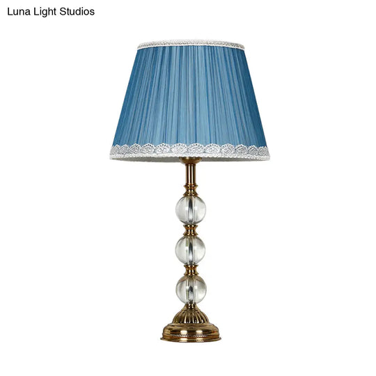 Blue Fabric Nightstand Lamp With Crystal Deco - Classic Pleated Shade For Bedroom