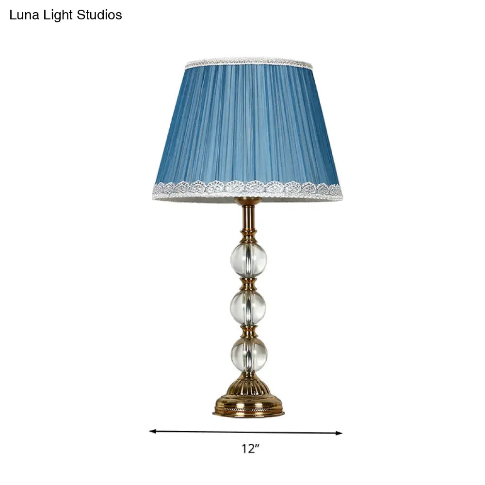 Blue Fabric Nightstand Lamp With Crystal Deco - Classic Pleated Shade For Bedroom