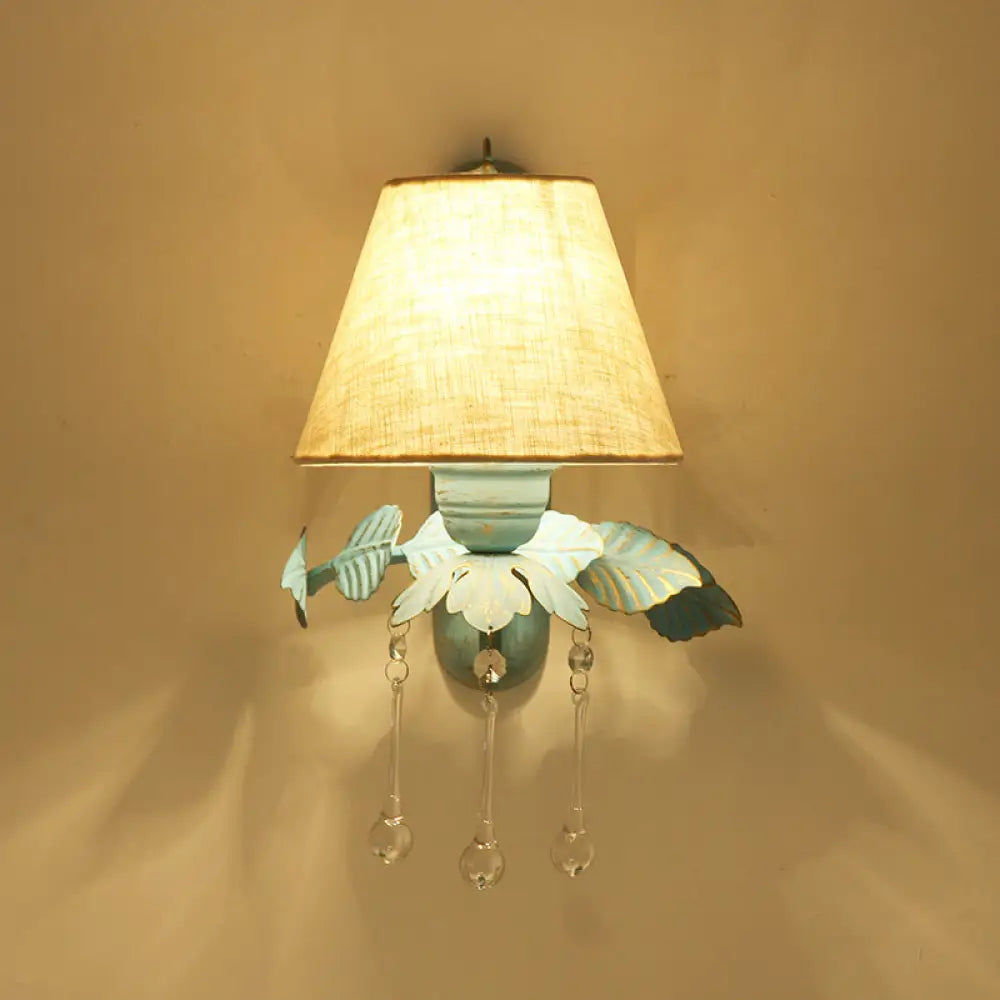 Blue Fabric Wall Sconce With Clear Glass Drop - Countryside Style 1 /