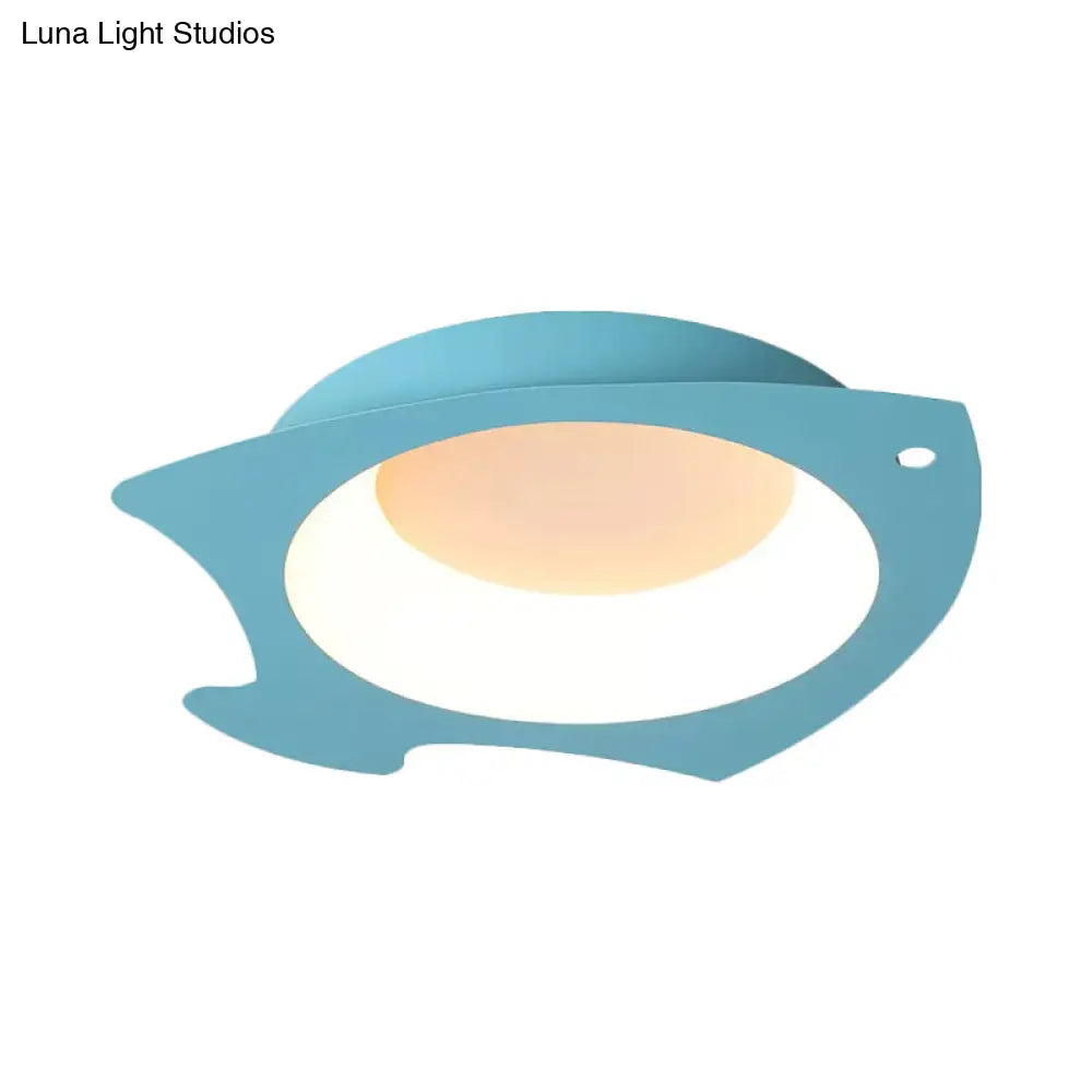 Blue Fish Flush Mount Led Ceiling Light For Kids Bedroom - Cartoon Style With Warm/White