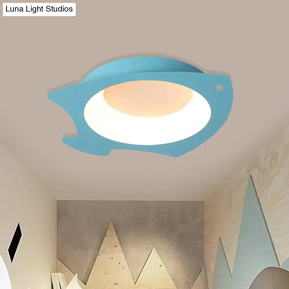 Blue Fish Flush Mount Led Ceiling Light For Kids Bedroom - Cartoon Style With Warm/White