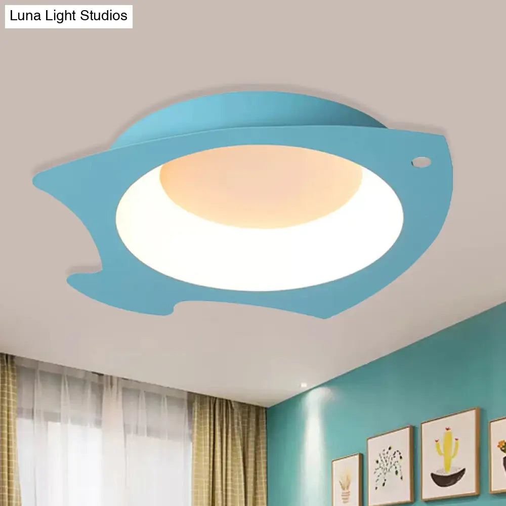 Blue Fish Flush Mount Led Ceiling Light For Kids Bedroom - Cartoon Style With Warm/White / White