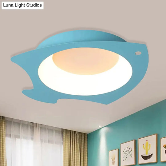 Blue Fish Flush Mount Led Ceiling Light For Kids Bedroom - Cartoon Style With Warm/White / White