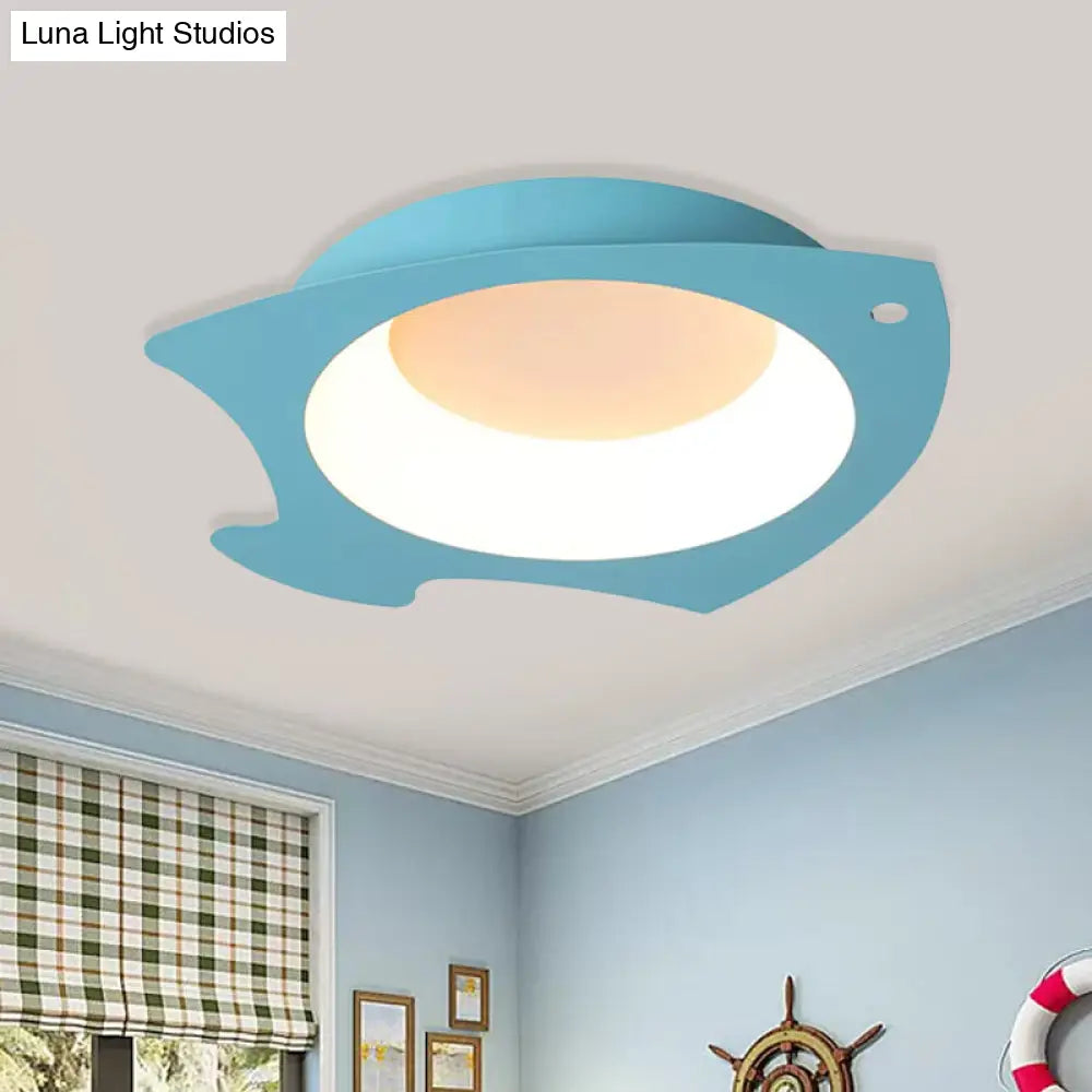 Blue Fish Flush Mount Led Ceiling Light For Kids Bedroom - Cartoon Style With Warm/White