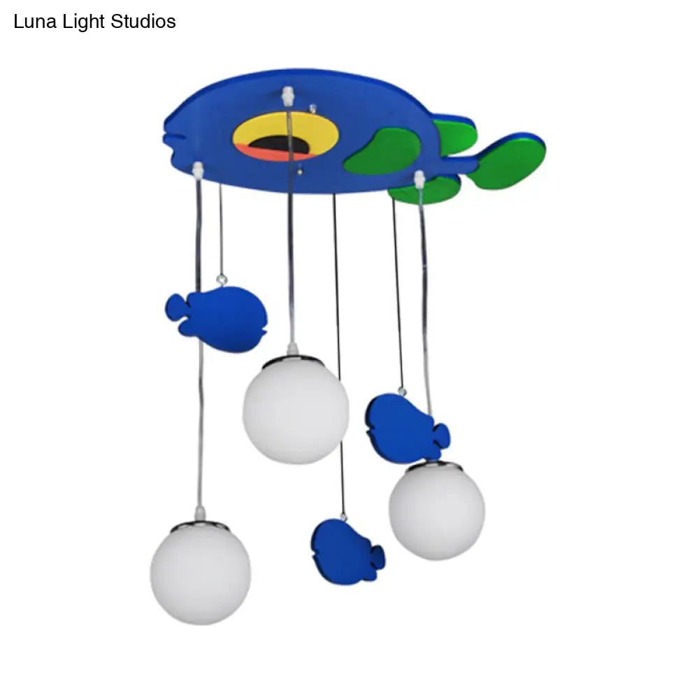 Blue Fish Wooden Pendant Light With Multi Bulbs And White Glass Shade For Kids