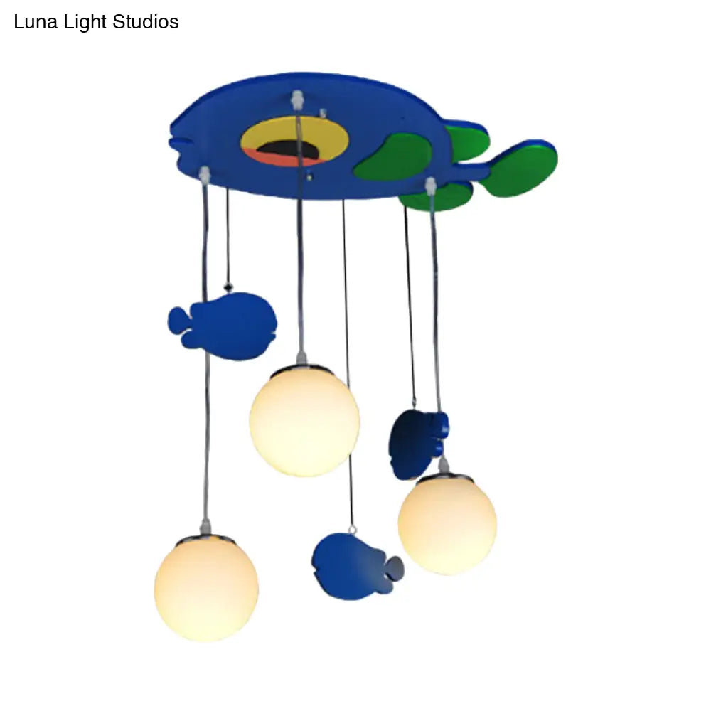 Blue Fish Wooden Pendant Light With Multi Bulbs And White Glass Shade For Kids