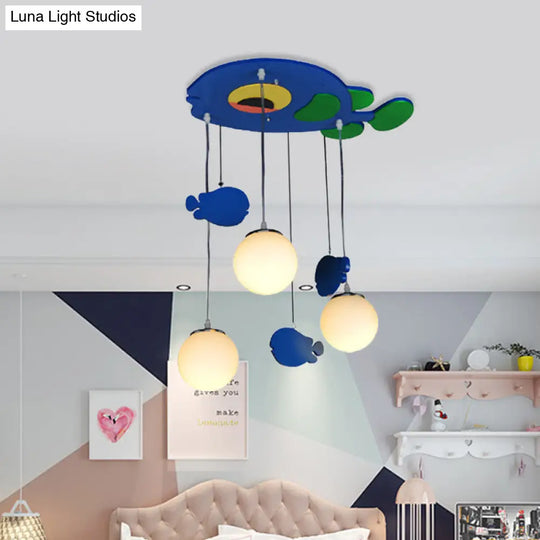 Blue Fish Wooden Pendant Light With Multi Bulbs And White Glass Shade For Kids