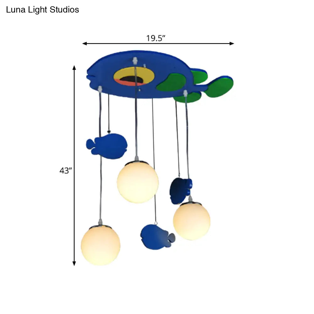 Blue Fish Wooden Pendant Light With Multi Bulbs And White Glass Shade For Kids