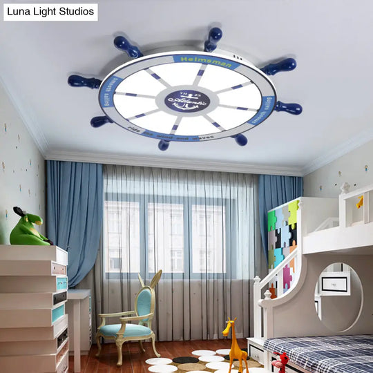 Blue Flush Pendant Light With Integrated Led For Kids’ Room - Modern Rudder Design