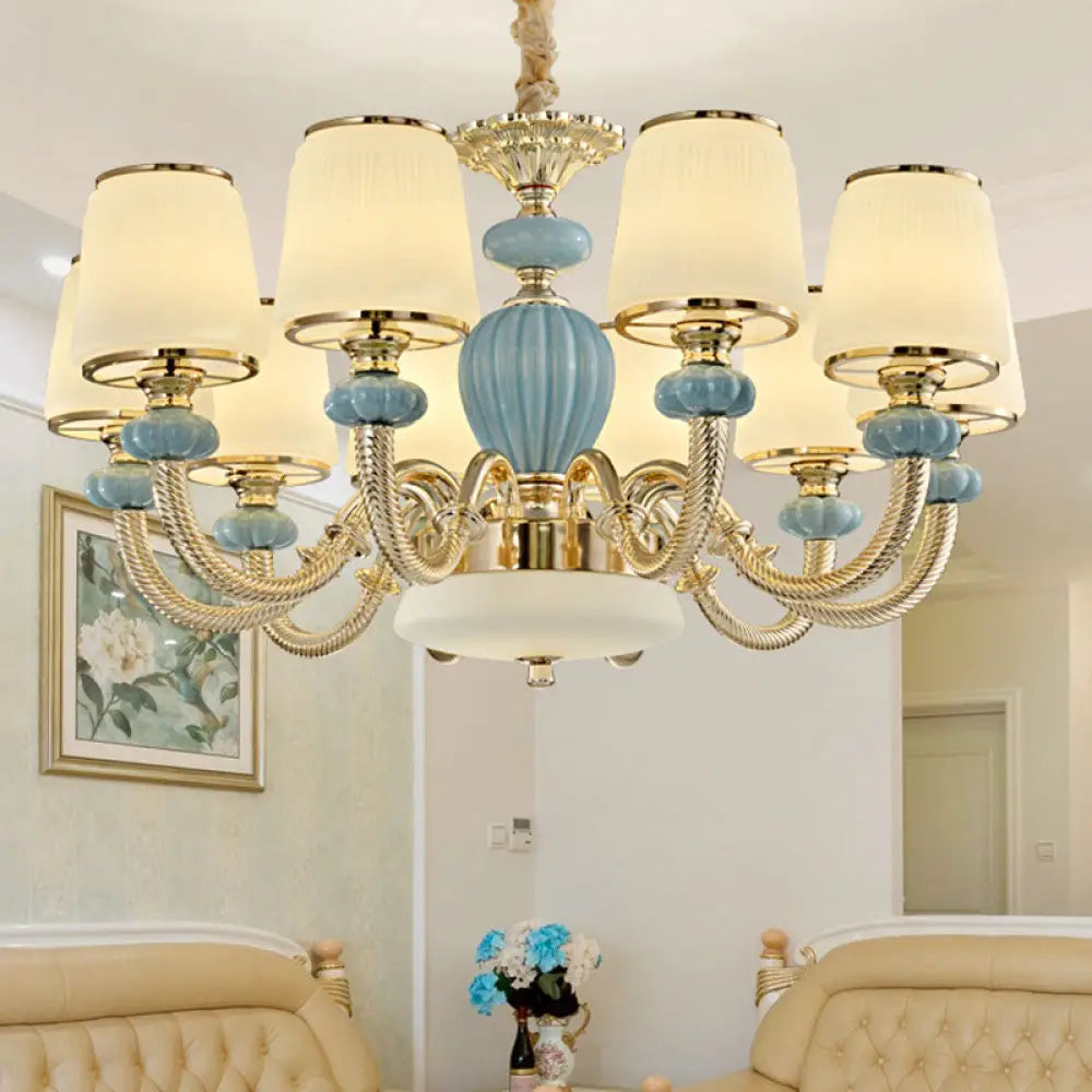 Blue Frosted Glass Barrel Chandelier - Simple Ceramic Suspension Pendant For Living Room 10 /