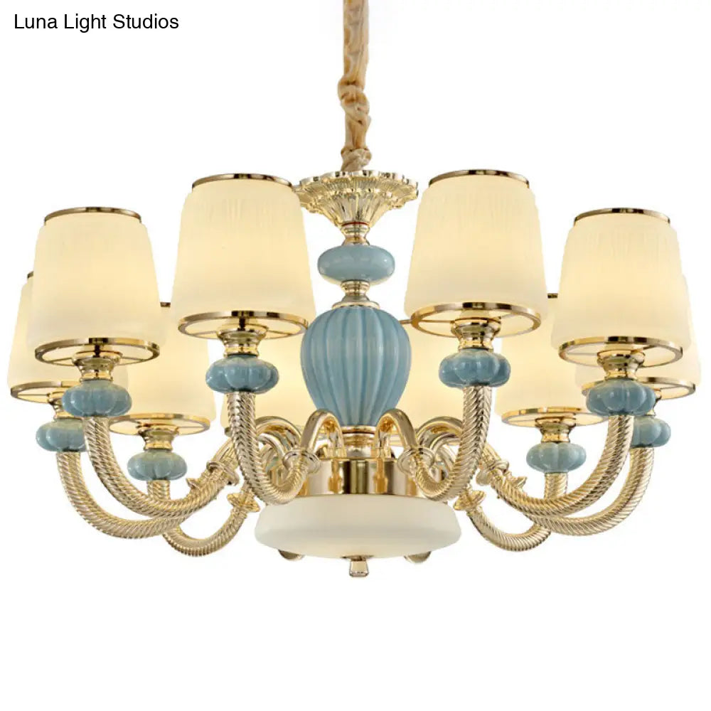 Blue Frosted Glass Barrel Chandelier - Simple Ceramic Suspension Pendant For Living Room