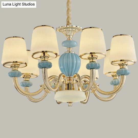 Blue Frosted Glass Barrel Chandelier For Living Room With Simple Ceramic Suspension Pendant