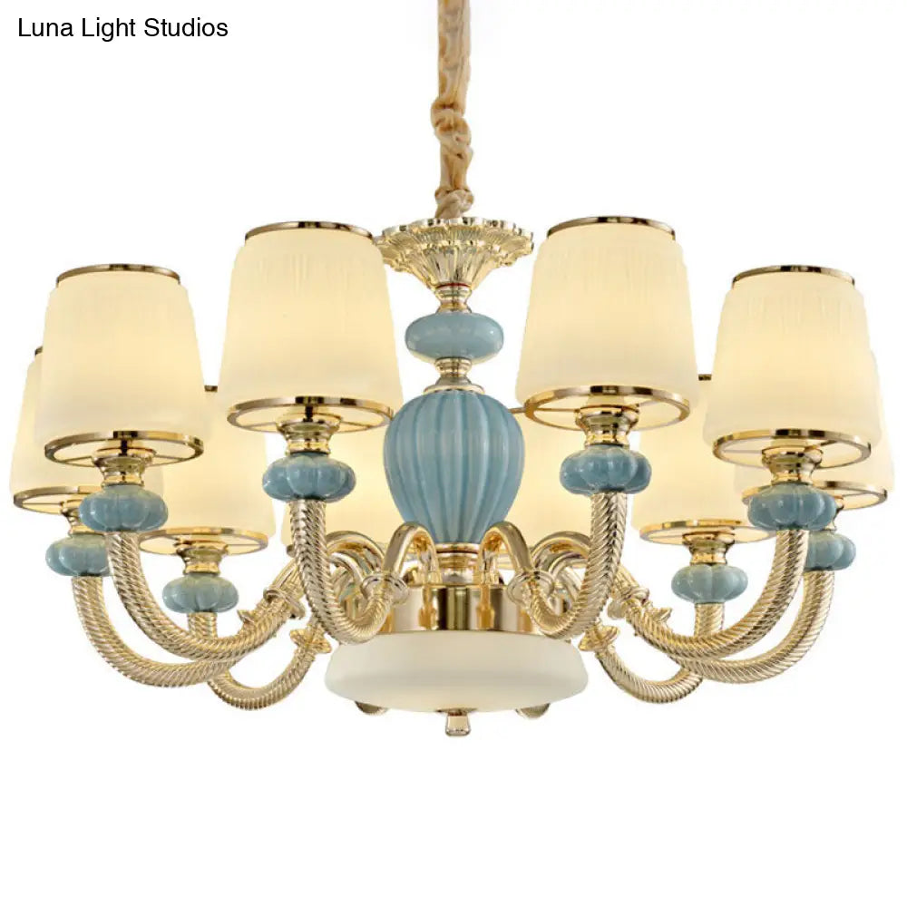 Blue Frosted Glass Barrel Chandelier For Living Room With Simple Ceramic Suspension Pendant