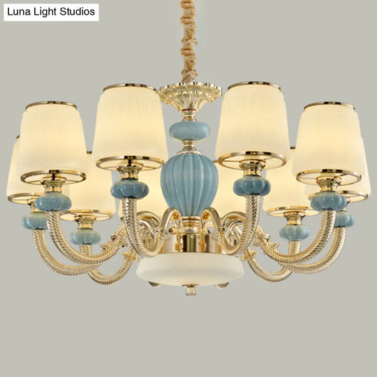 Blue Frosted Glass Barrel Chandelier - Simple Ceramic Suspension Pendant For Living Room